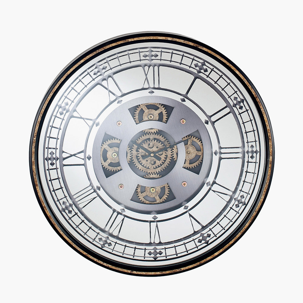 Antique Gold Wood & Mirror Working Cog Round Wall Clock